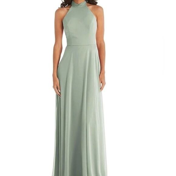 After Six 1545 High Neck Halter Chiffon Bridesmaid Dress in Willow Green sz 8 - Picture 1 of 12